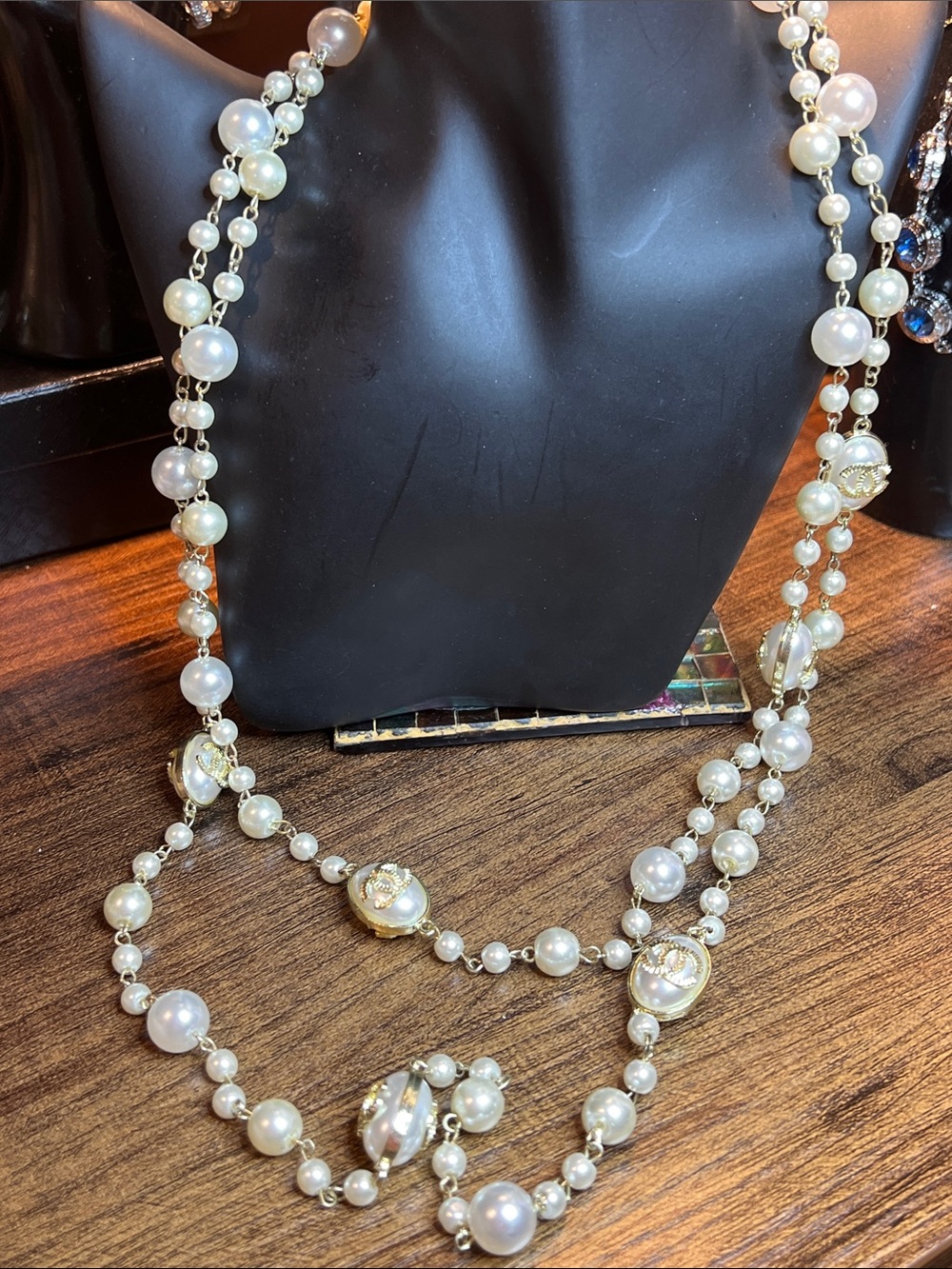 Layered Faux Pearl Necklace with Gold Accents - White